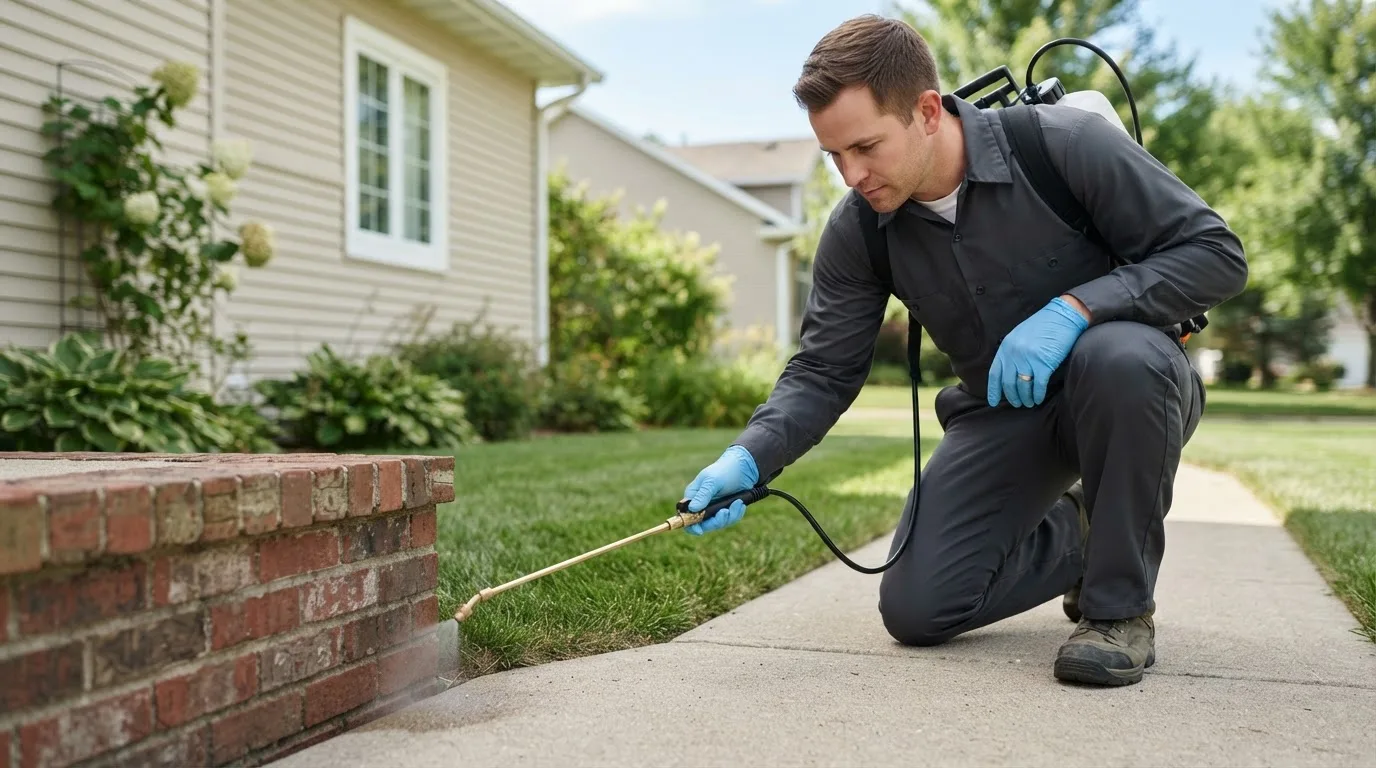 Pest control technician treating a home near Newbury, VT